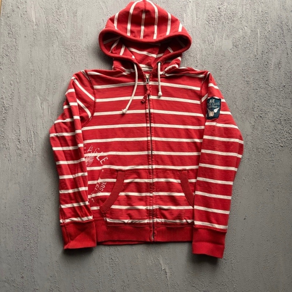 Vintage American Eagle Hoodie Large Red 2000s Y2K Striped Full Zip